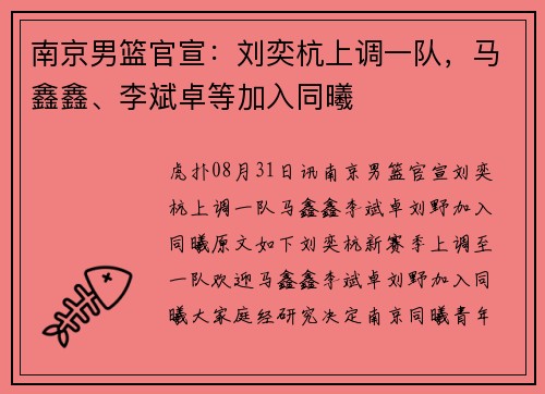 南京男篮官宣:刘奕杭上调一队,马鑫鑫、李斌卓等加入同曦 南京男篮官宣:刘奕杭上调一队,马鑫鑫、李斌卓等加入同曦